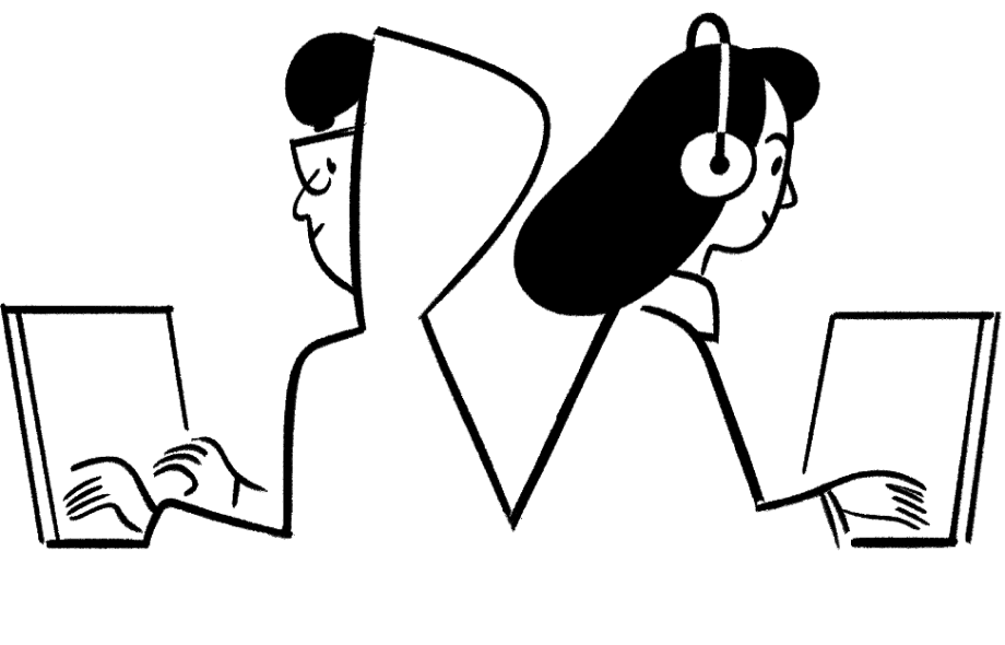 Um desenho minimalista em preto e branco de duas pessoas trabalhando em laptops.