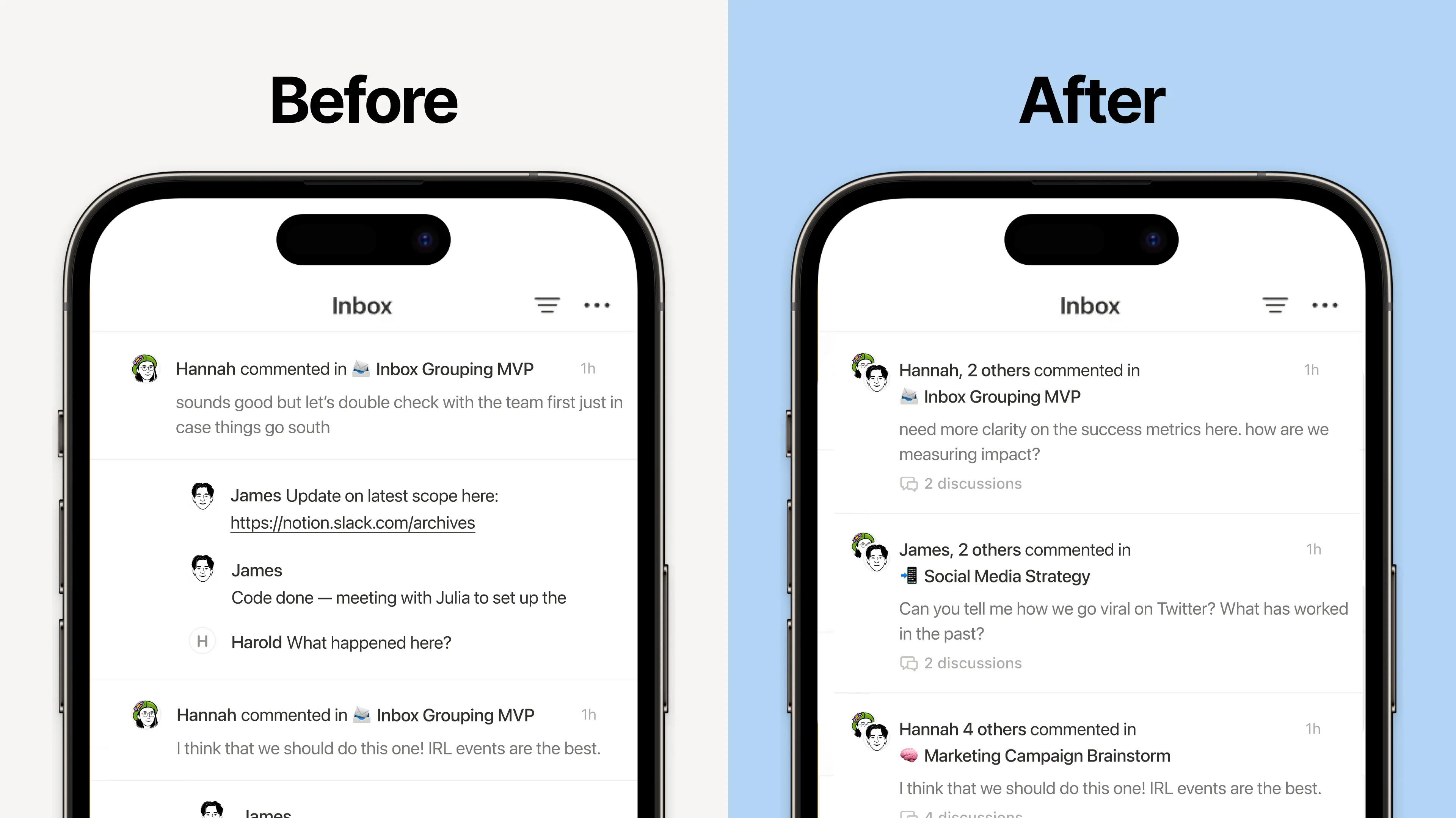 As novas notificações agrupadas na caixa de entrada proporcionam um layout mais compacto e legível. Isso oferece uma visualização mais focada do que precisa de atenção, com acesso rápido aos comentários mais recentes.