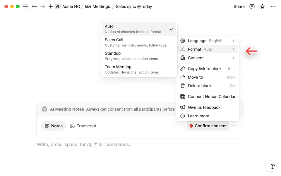 Escolha a opção de formato para a sua reunião para que a IA do Notion possa organizar a conversa de forma mais eficaz.