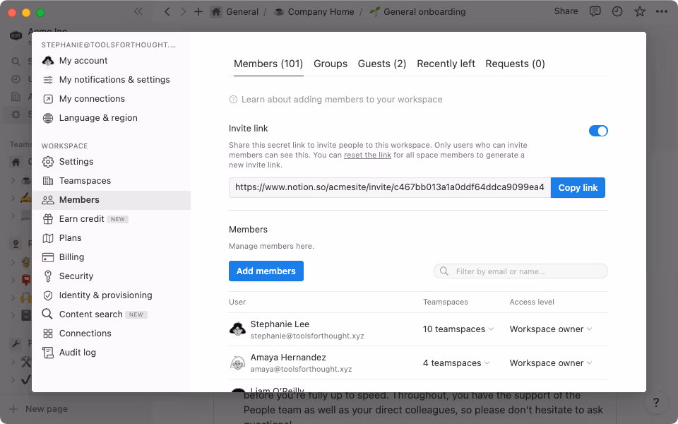 O painel Configurações e membros dá acesso a configurações detalhadas do espaço de trabalho para personalizar o Notion de acordo com as suas necessidades.