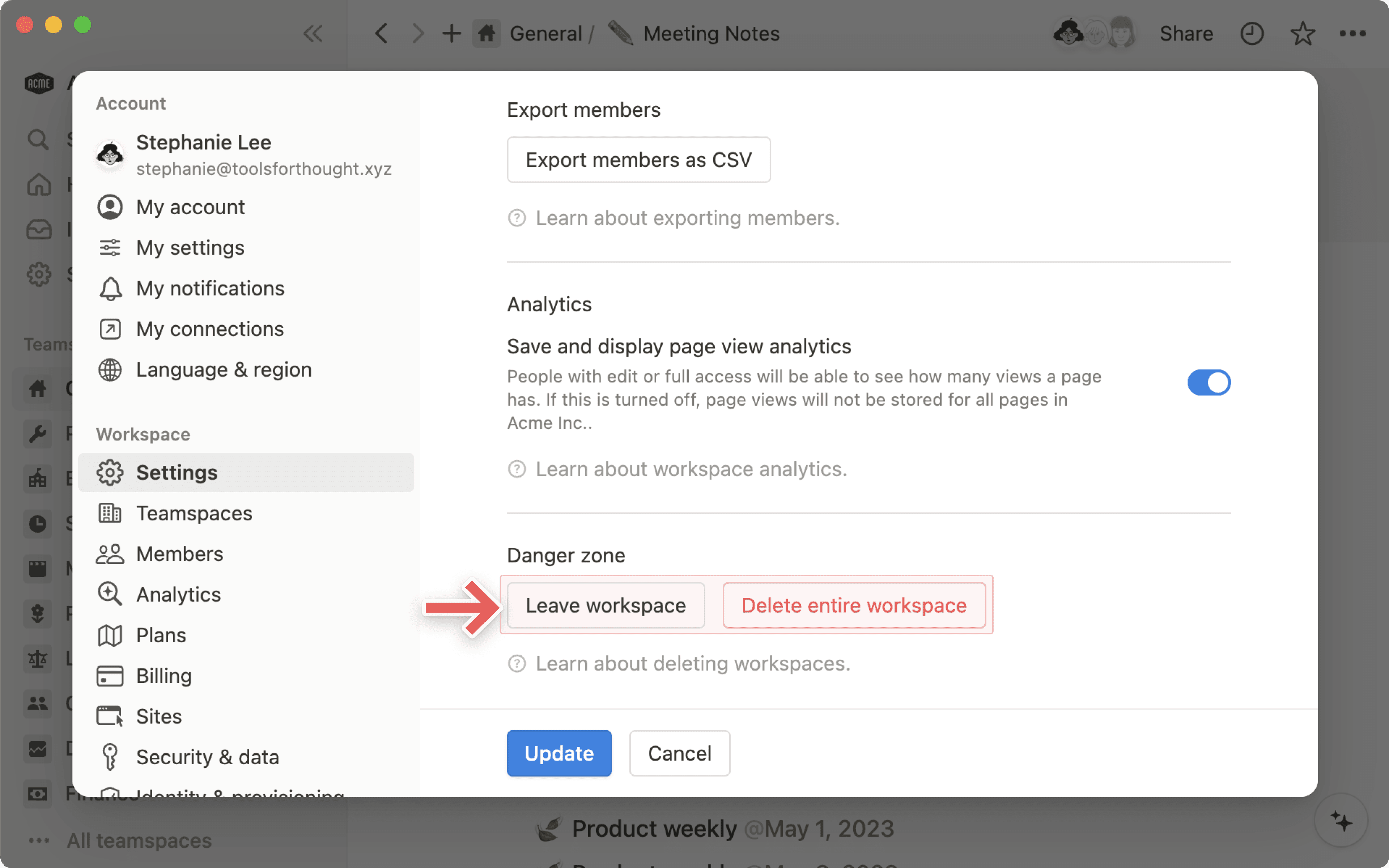 hc: sair ou excluir um espaço de trabalho
