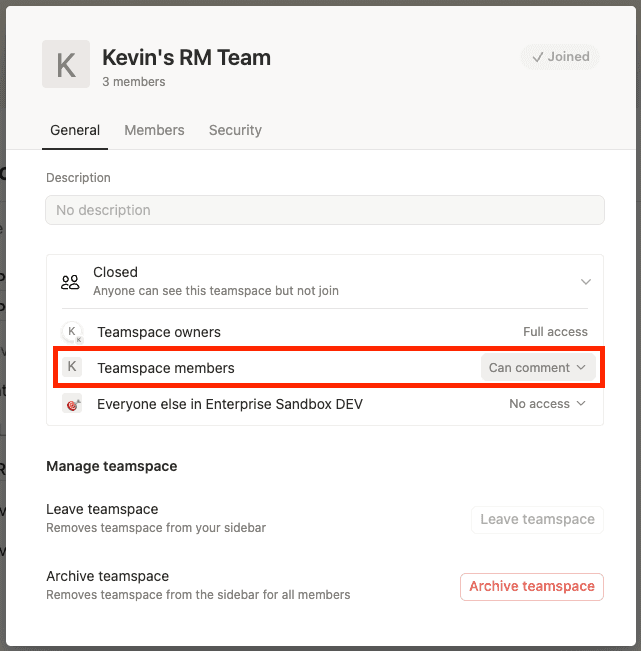 ca: alterar o nível de acesso de membros regulares em um espaço de equipe