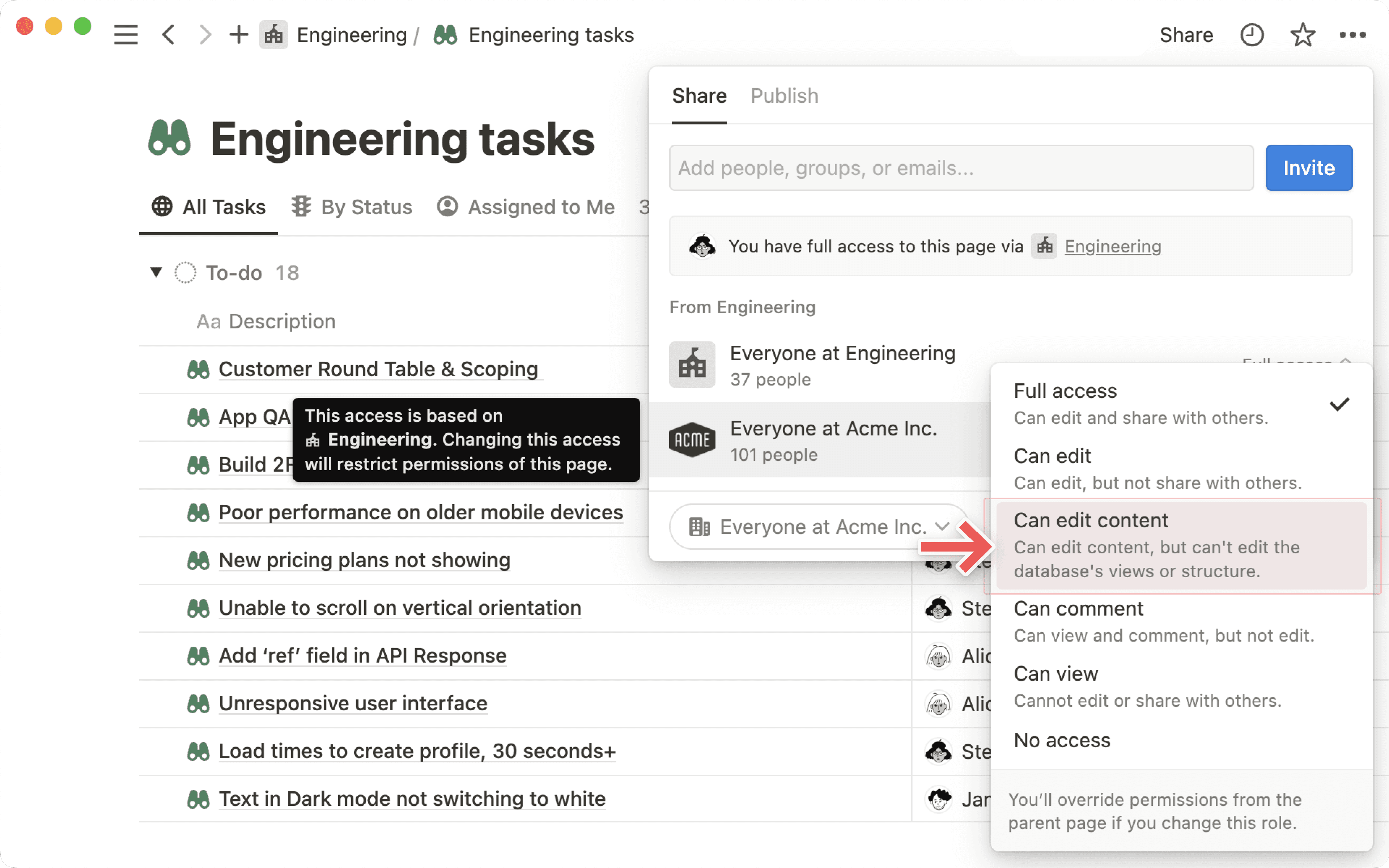 Captura de tela da permissão "Pode editar o conteúdo"
