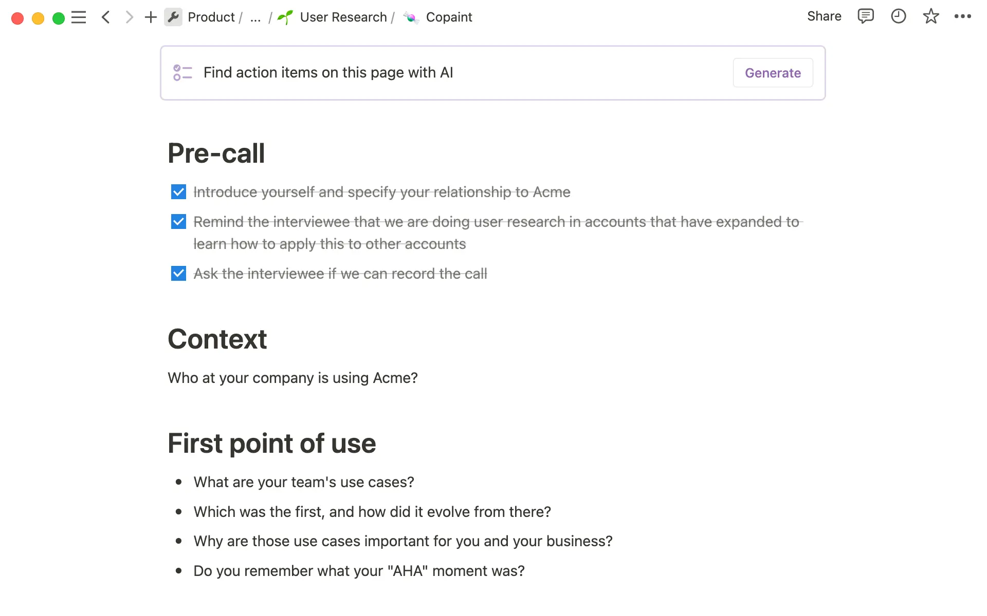 Add an Action items block to extract tasks to do from a user research page.