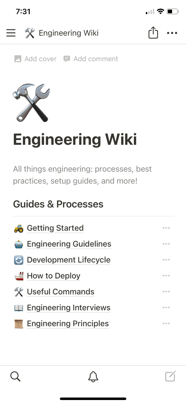 Captura de tela do aplicativo móvel do Notion