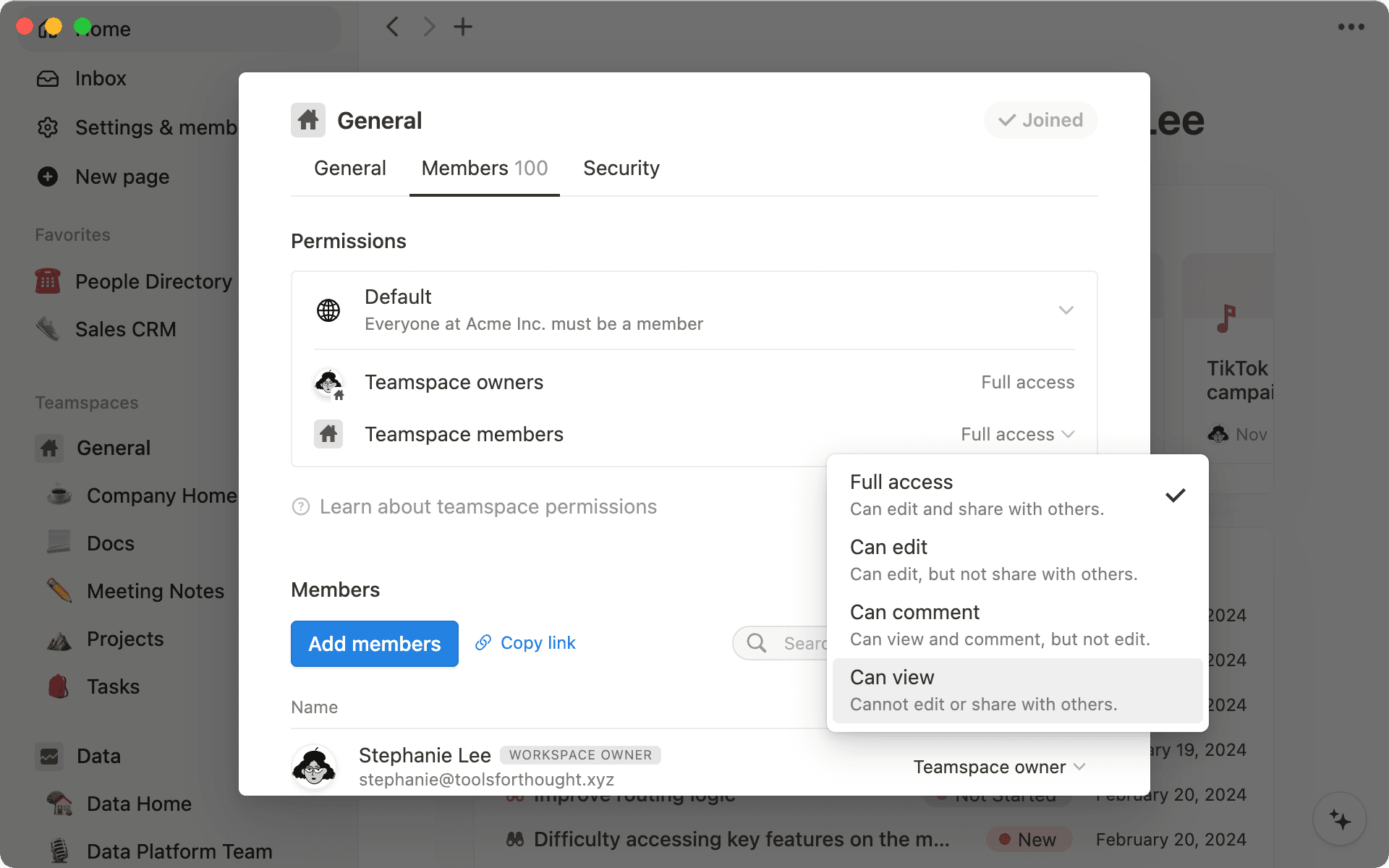 Controle minuciosamente quem tem acesso para visualizar e editar informações nas configurações do espaço de equipe.