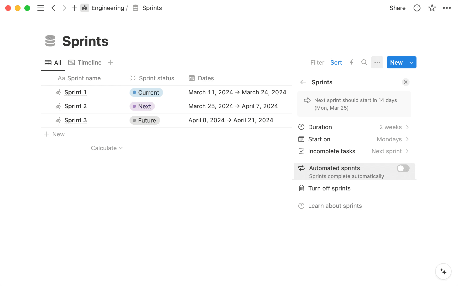 A Sprints board for an engineering team in Notion