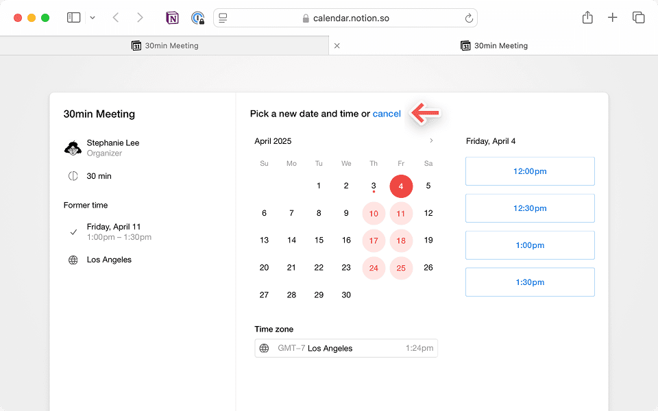 Clique no link no convite do calendário do e-mail recebido para reagendar ou cancelar.