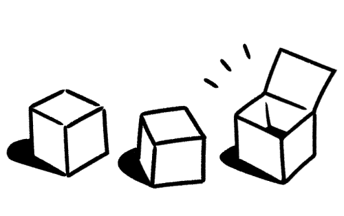 Um desenho minimalista em preto e branco de duas caixas fechadas e uma caixa aberta.