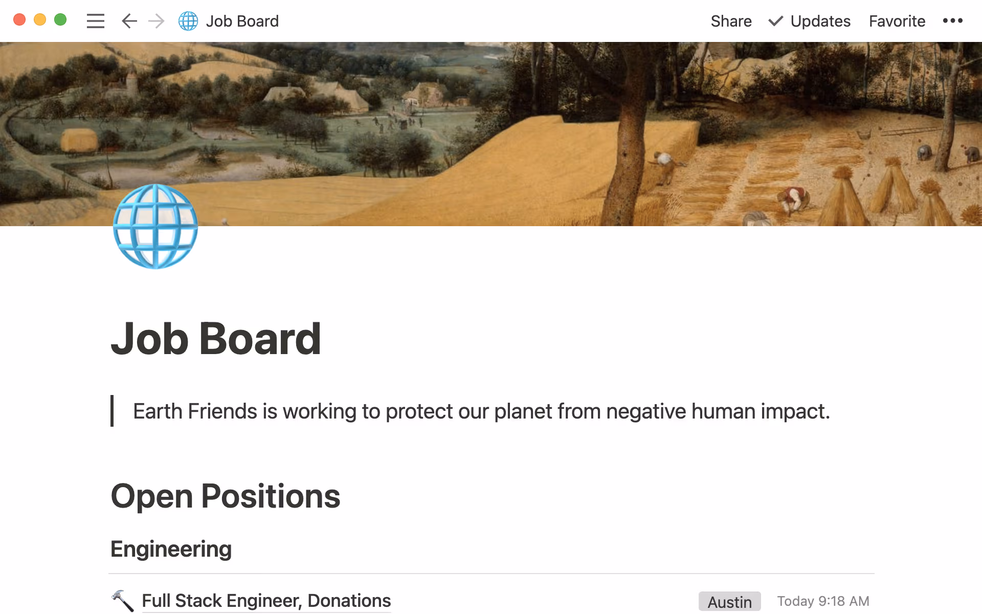 Documento de quadro de anúncios de vagas empregos que mostra as diferentes vagas de emprego de uma ONG e seus respectivos locais.