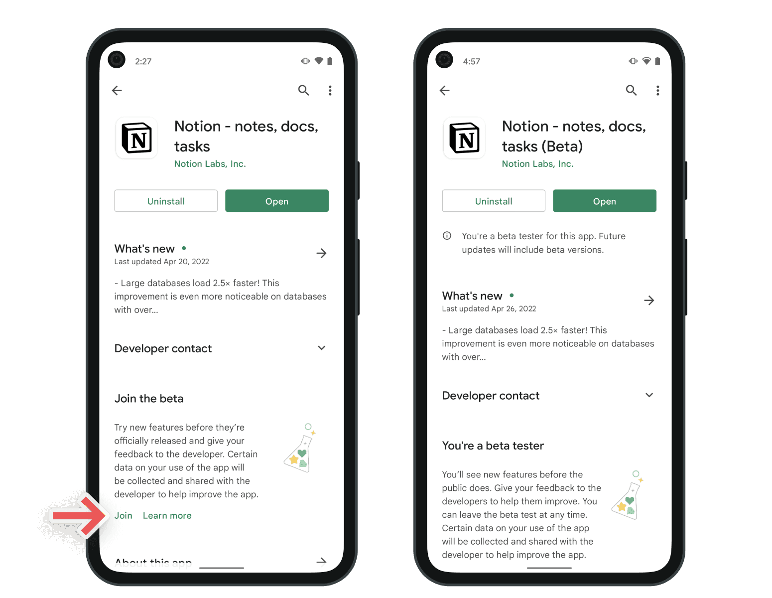 Capturas de tela que mostram como usar o TestFlight para se cadastrar no programa beta de teste do Notion para Android na Google Play Store.