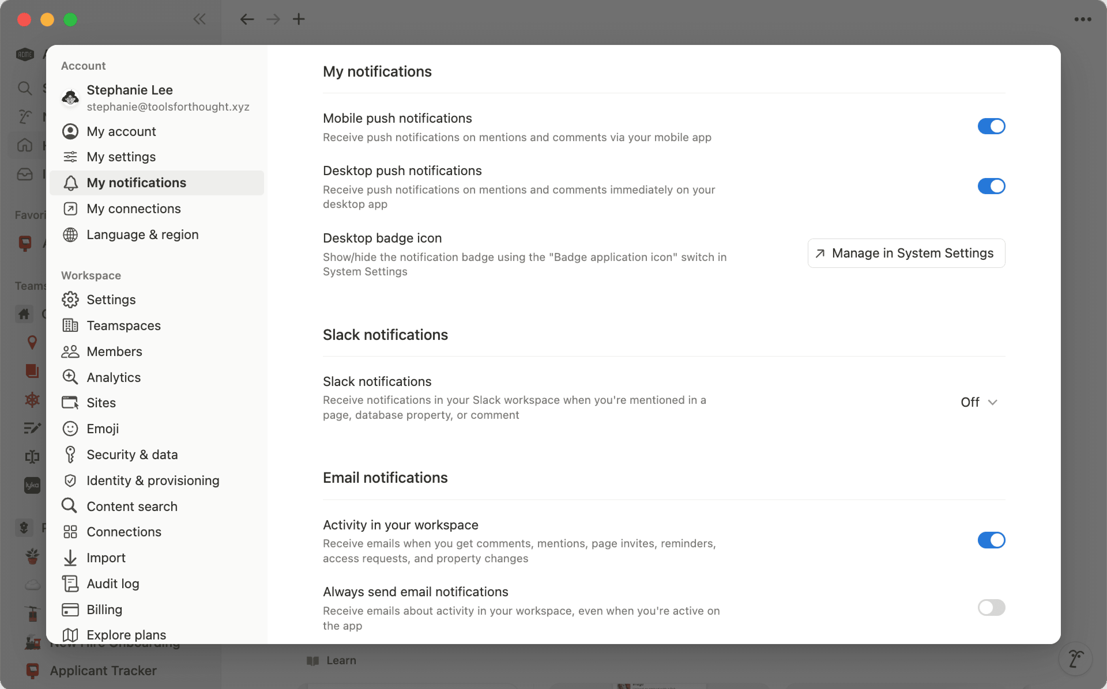 Configurações de notificação - desktop