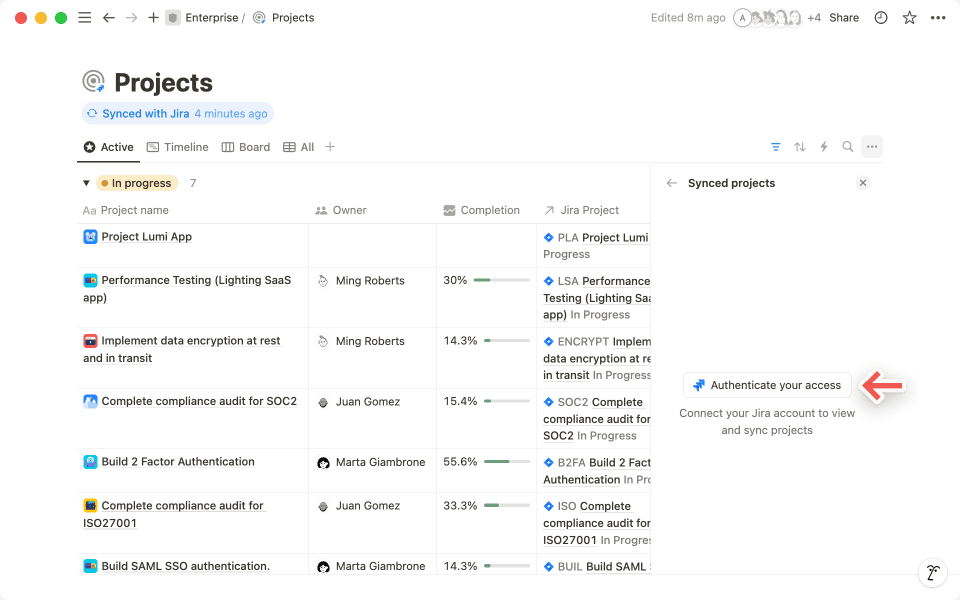 Clique em "Autenticar seu acesso" para verificar sua identidade e trazer projetos do Jira para o Notion