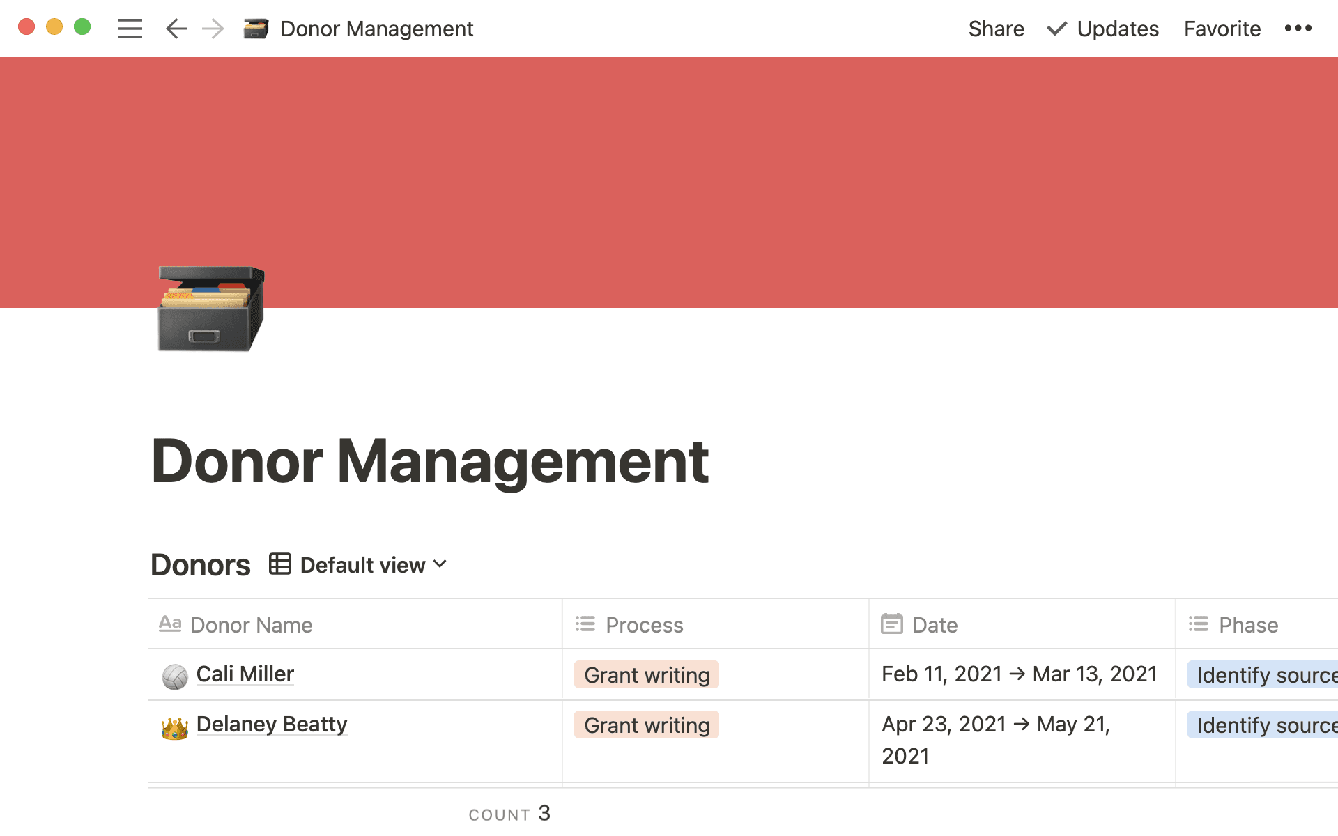 Visualização de base de dados de um documento de gestão de doações, mostrando os diferentes doadores e informações sobre cada um deles.