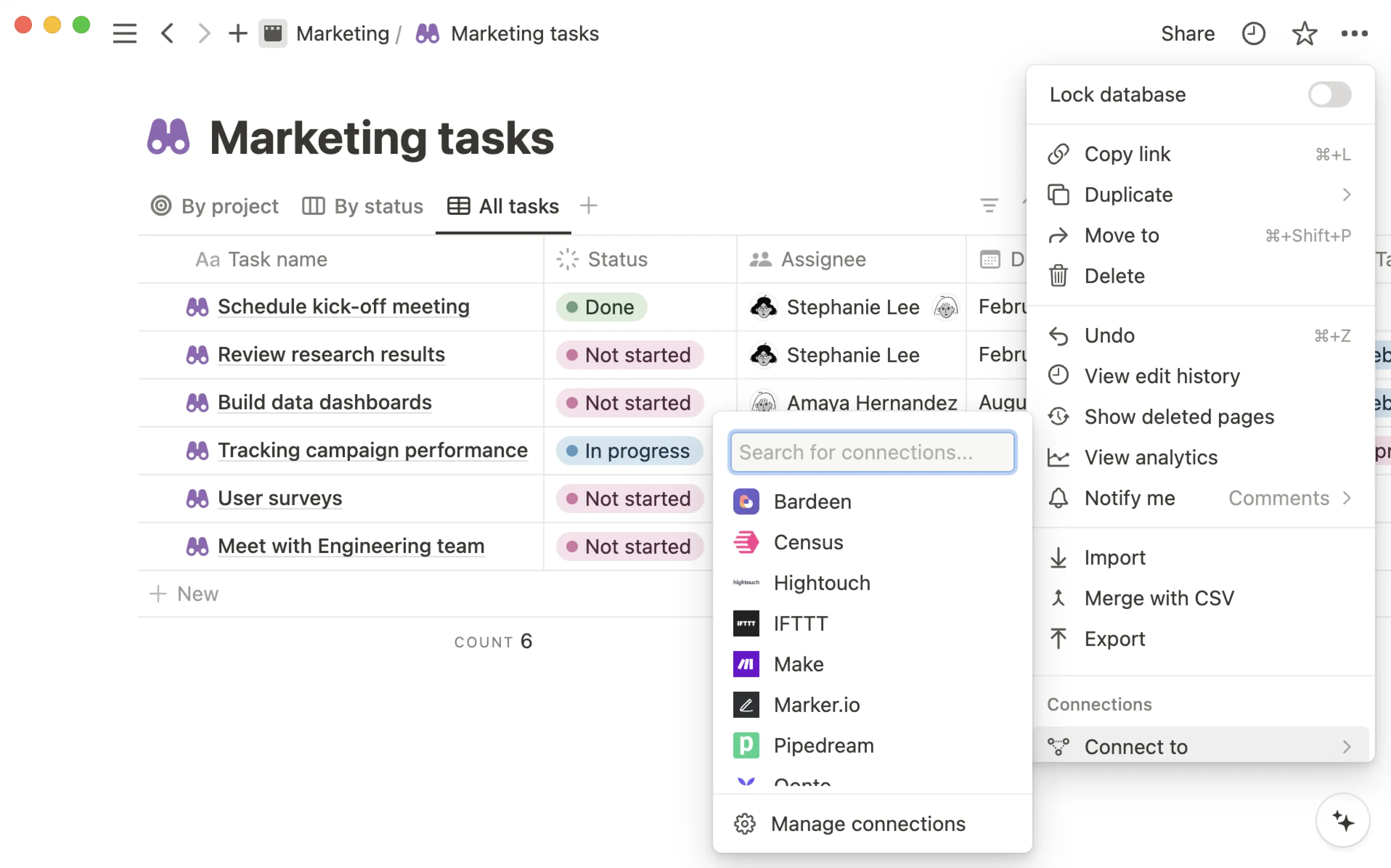 Menu Adicionar conexões