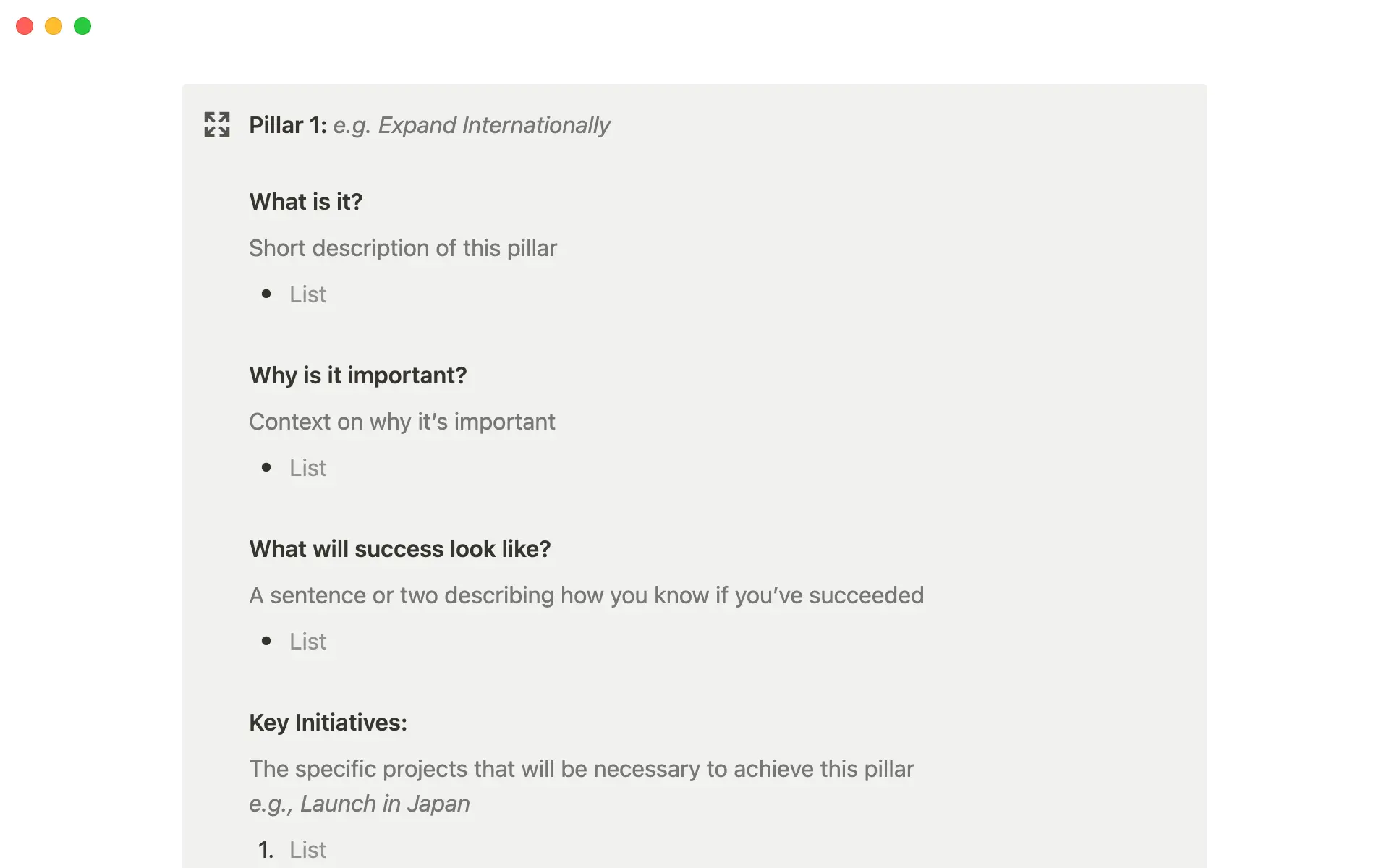 Crie cada pilar estratégico definindo o quê, o por quê, as métricas de sucesso e as iniciativas importantes.