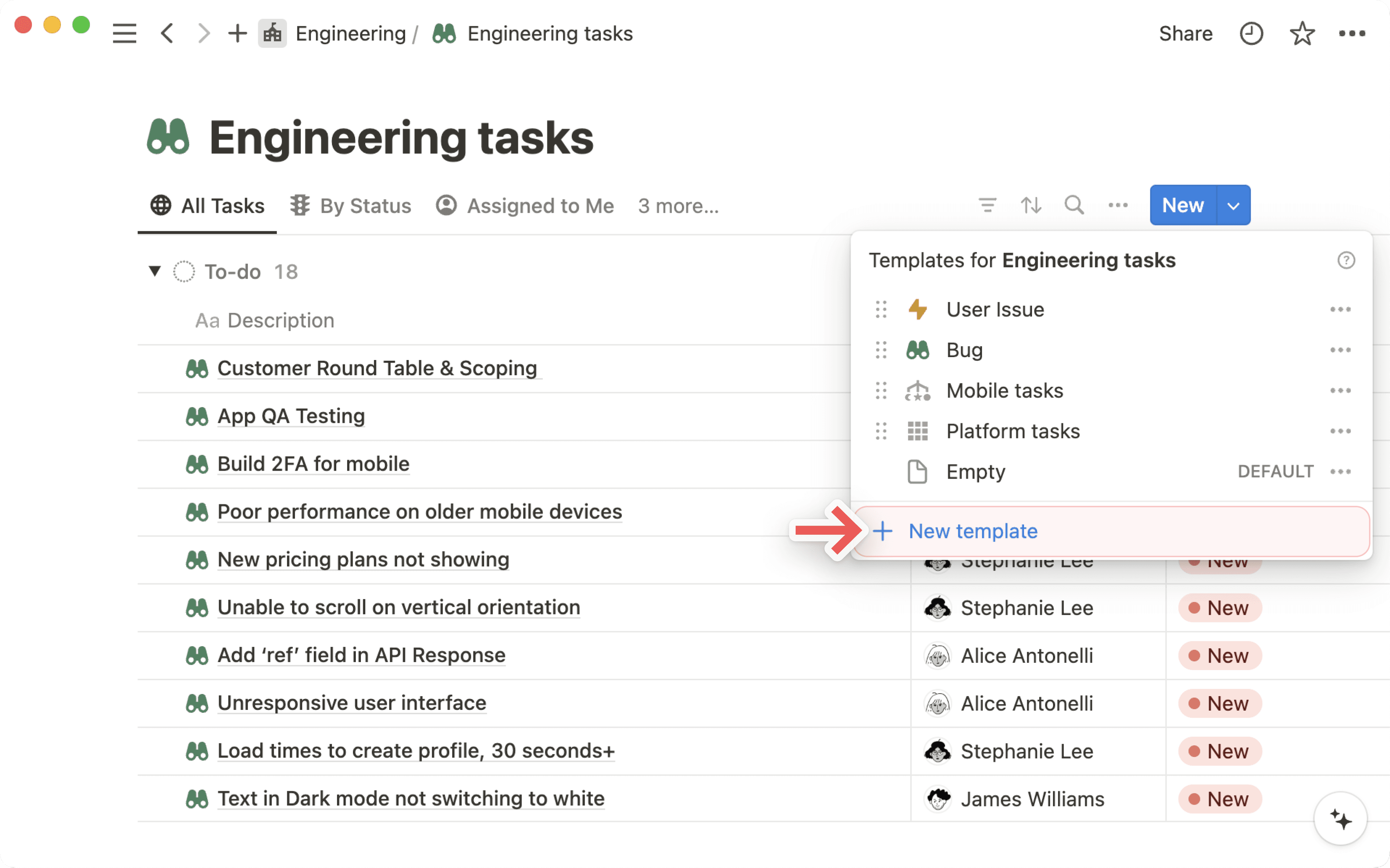 Novo modelo de base de dados no menu suspenso