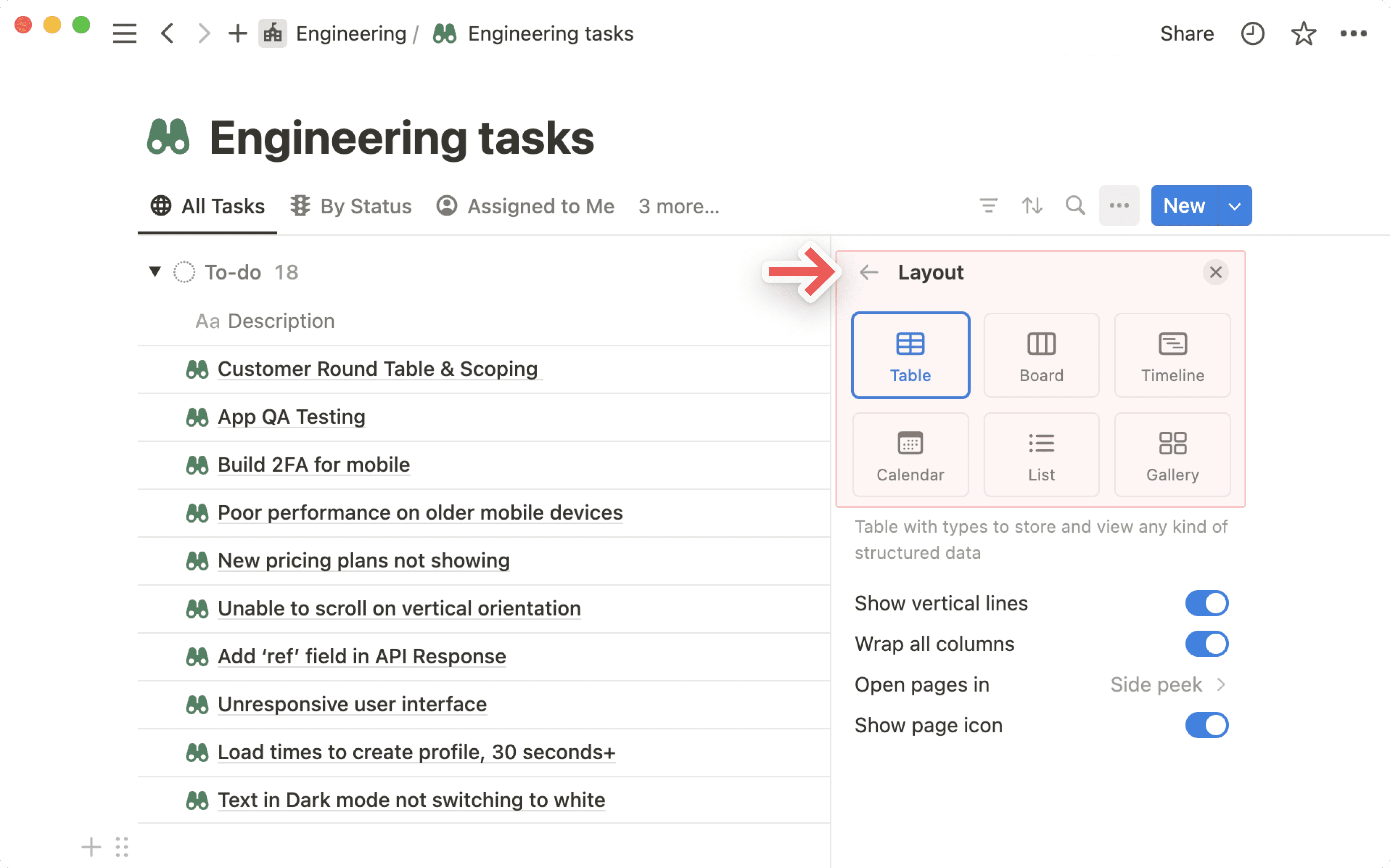 Layout da visualização
