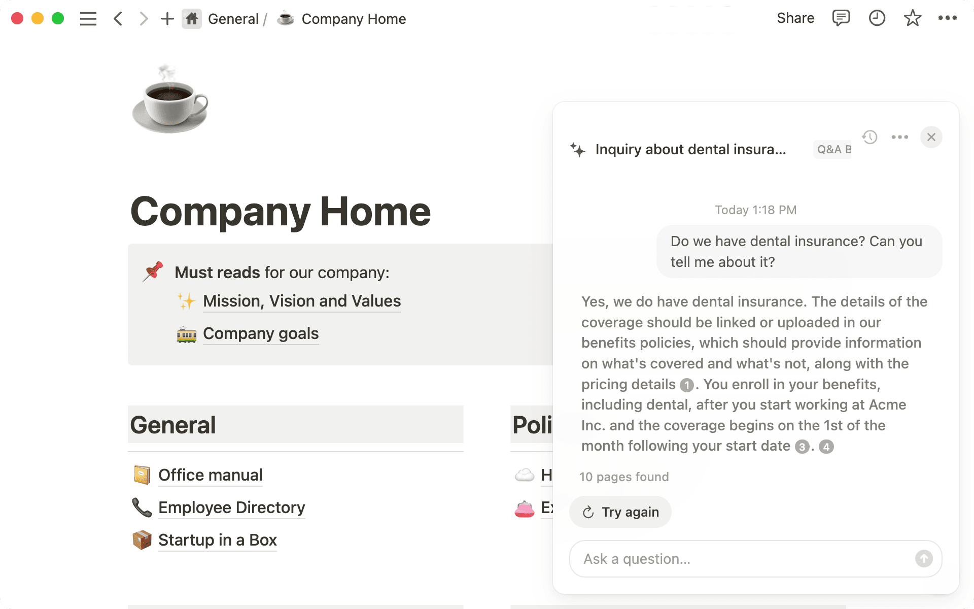 Os funcionários podem fazer perguntas formuladas naturalmente e encontrar qualquer página onde as informações úteis sejam mencionadas.