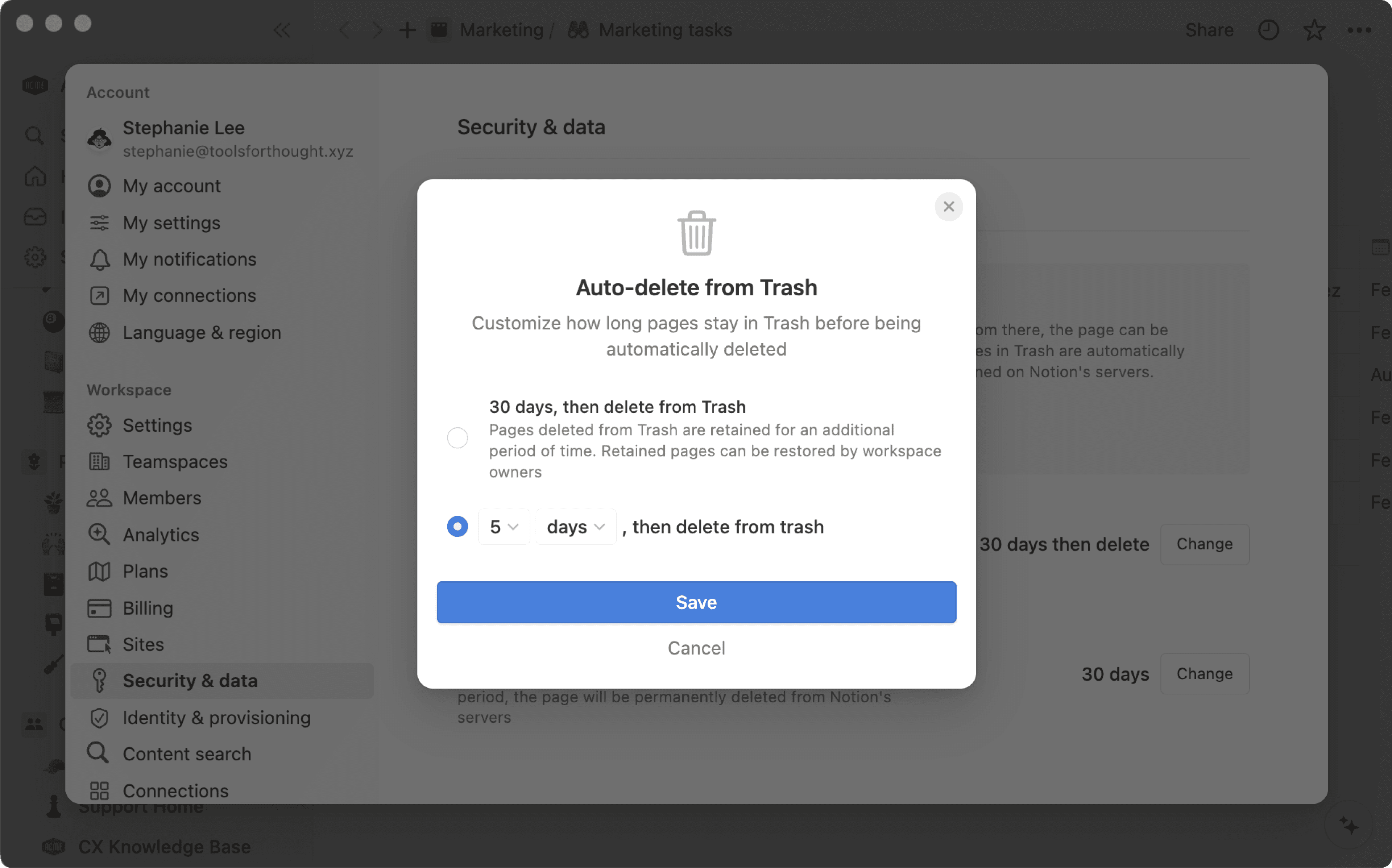 ca: configurações personalizadas de exclusão de página retenção de dados